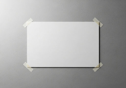 Mockup of a blank horizontal poster or flyer taped to a gray concrete wall. An urban, industrial, and minimalist template for displaying artwork or announcements. - Powered by Adobe