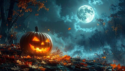 Naklejka premium Glowing Jack OLantern in Forest Under Moon.