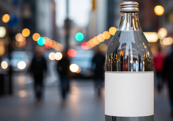 Mockup of a glass bottle with a blank label on a table with colorful city bokeh lights. An urban and trendy template for craft beer, soda, or beverage branding.