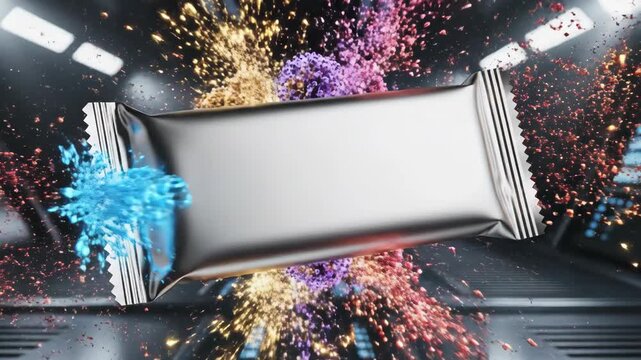 Shiny chocolate bar floating in futuristic space environment