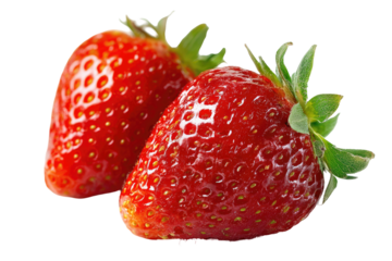 Two vibrant red strawberries with green leafy tops against black