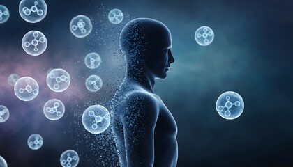 Human silhouette dissolving into floating oxytocin molecules moody light, symbolizing emotional