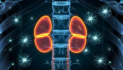 Adrenal glands glowing in red orange tones with virus particles around spine