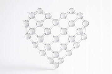 Transparent molecular spheres connected in geometric heart shape floating in white space