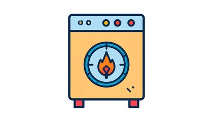 Fototapeta premium Cartoonish, stylized beige furnace with an orange flame logo and red base on a plain white background