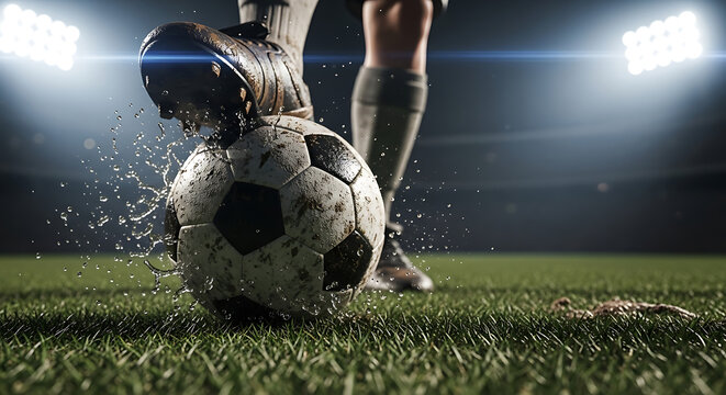 Close-up of a soccer night player's foot kicking a wet, dirty ball on a 3D stadium field with lights. Concept of youth development, mentorship, and long-term vision in sports academies and coaching - Powered by Adobe