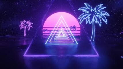 Retro-futuristic landscape with neon triangles, palm trees, and glowing purple elements - Powered by Adobe