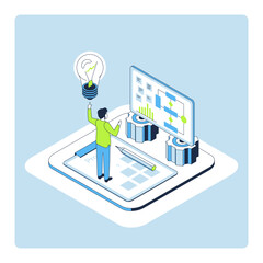 Cartoon Color Idea Start Up AI Concept 3d Isometric View Line Elements. Vector illustration of Sartup Artificial Intelligence