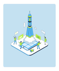 Cartoon Color Launch Start Up AI Concept 3d Isometric View Line Elements. Vector illustration of Sartup Artificial Intelligence