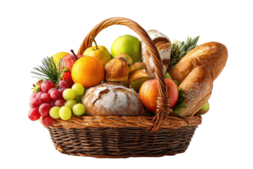 Abundant wicker basket overflowing with fresh fruits and baked goods
