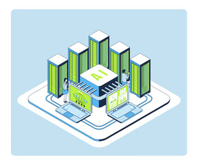 Cartoon Color Model Training Start Up AI Concept 3d Isometric View Line Elements. Vector illustration of Sartup Artificial Intelligence