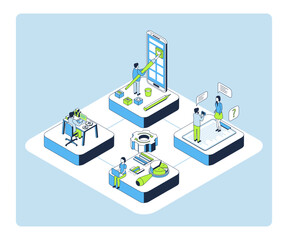 Cartoon Color Team Building Start Up AI Concept 3d Isometric View Line Elements. Vector illustration of Sartup Artificial Intelligence