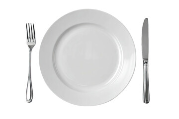 Empty white plate with fork and knife on black background