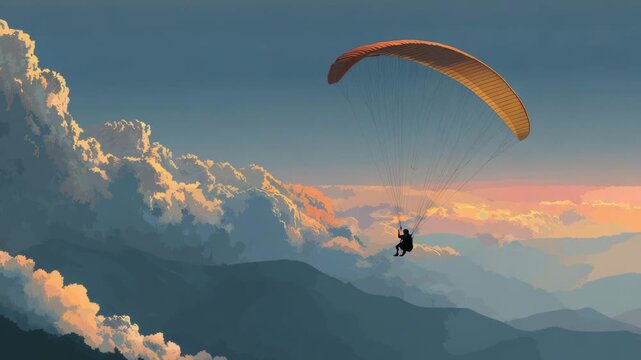 paragliding adventure paraglider fly over the clouds in mountain landscape illustrated animation