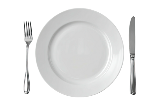 Empty white plate with fork and knife on black background
