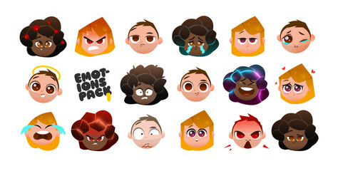 Cute Chibi Character Heads with Expressive Emotions. Perfect for Stickers, UI Avatars, and Creative Design Projects. Vector Illustration Set for Diverse Cartoon Expressions.