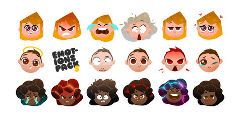 Cute Chibi Character Heads with Expressive Emotions. Perfect for Stickers, UI Avatars, and Creative Design Projects. Vector Illustration Set for Diverse Cartoon Expressions.