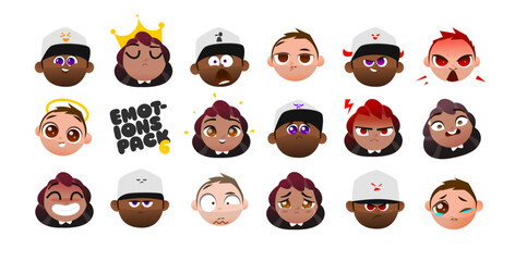 Cute Chibi Character Heads with Expressive Emotions. Perfect for Stickers, UI Avatars, and Creative Design Projects. Vector Illustration Set for Diverse Cartoon Expressions.