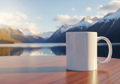 Mockup of a white ceramic mug on a wooden surface overlooking a stunning turquoise mountain lake. An adventurous and scenic template for travel or outdoor brands.
