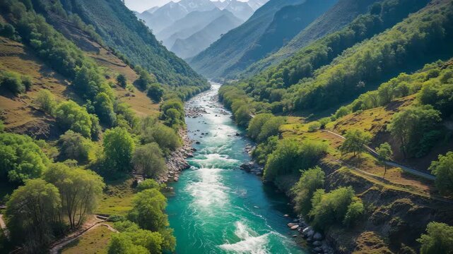 Stunning Aerial View of the Jhelum River Flowing Through Lush Green Forests and Vibrant Valleys in the Himalayas