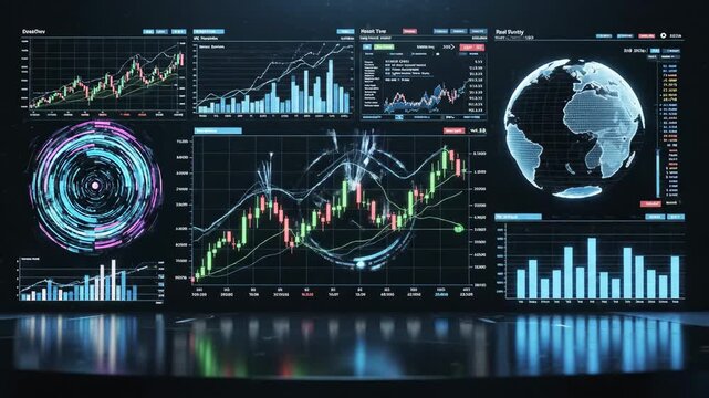 Financial Data Visualization with Globe - A futuristic dashboard display showcases various financial data visualizations including candlestick charts, bar graphs, and a rotating globe representation - Powered by Adobe