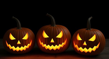 Fototapeta premium Three Spooky Jack-o-Lanterns Glowing in the Dark for Halloween.