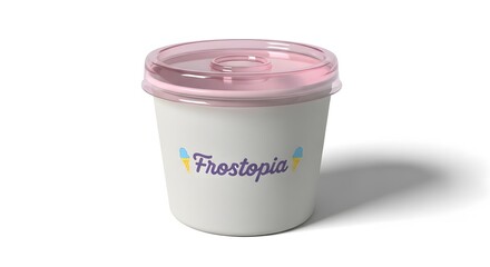 A small white cup with a pink lid, isolated on white background, for desserts
