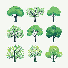 Fototapeta premium Ensemble de 9 Illustrations Silhouettes d'Arbres pour Paysagiste, Couleur Vert, Dessin Vecteur