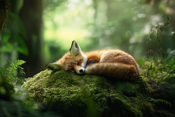 Obraz premium Generative AI image of a peaceful red fox sleeping in the summer forest with a delicate butterfly resting on its head in warm natural light