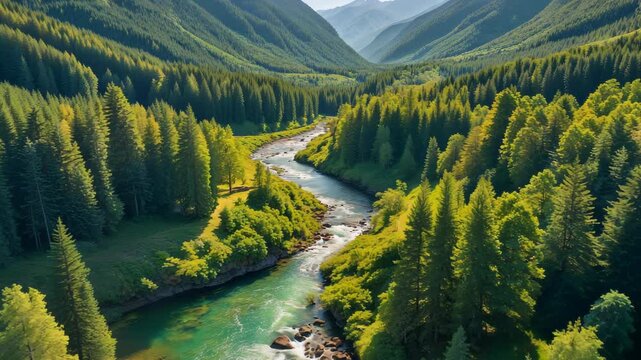 Stunning 4K Aerial View: Low Flight Over Majestic Forest and Fresh Water River in Altai's Summer Outdoors