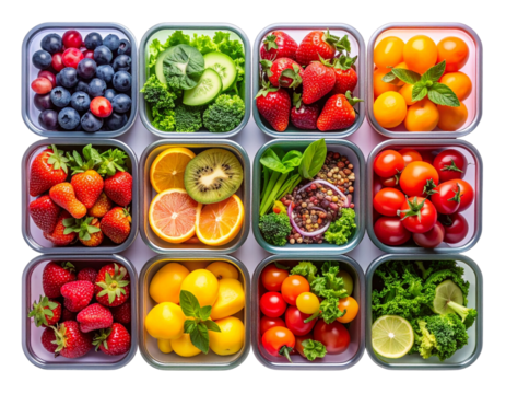 Healthy meal prep containers with fresh fruits and vegetables