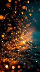 Obraz premium Golden Glitter Particles on Dark Reflective Surface. Bokeh Light, Festive Sparkle, Abstract Background, Shiny.