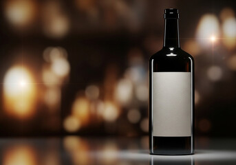 Mockup of a red wine bottle with a blank label against a background of warm, golden bokeh lights. A festive and elegant template for holiday or celebratory events.