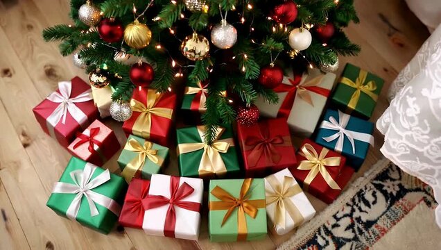 Overhead view of decorated holiday tree surrounded by wrapped gift boxes with ribbons and ornaments