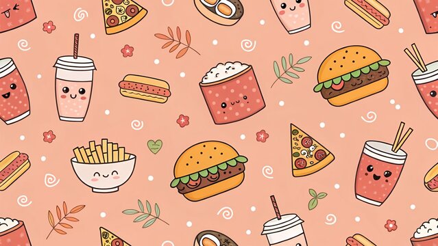 Cute Fast Food Pattern with Smiling Faces on Peach Background