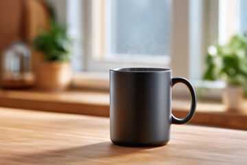 Steaming coffee mug on sunlit wooden kitchen counter