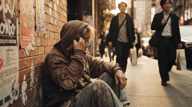 Homeless Man Sitting on Urban Sidewalk - An older homeless man sits on the sidewalk with his back against a brick wall covered in posters, looking thoughtful.
