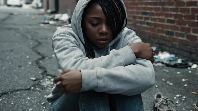 Desperate Woman in Urban Alley - A young black woman wearing a grey hoodie sits in a trash-filled alley looking distressed. She has braided hair and wears jeans as she looks down at the ground.