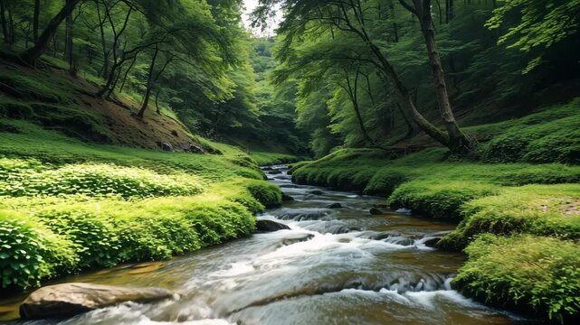 Tranquil Stream and Lush Scenery in Beniarbeig, SpainSerene Macro View of a Pristine Babbling Brook Flowing Through Lush Woodlands
