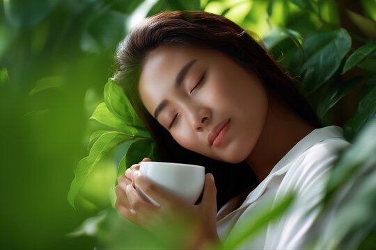 Asian young woman relaxing with tea in lush greenery
