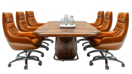 A polished wooden conference table with eight executive leather chairs arranged around it, isolated on transparent background