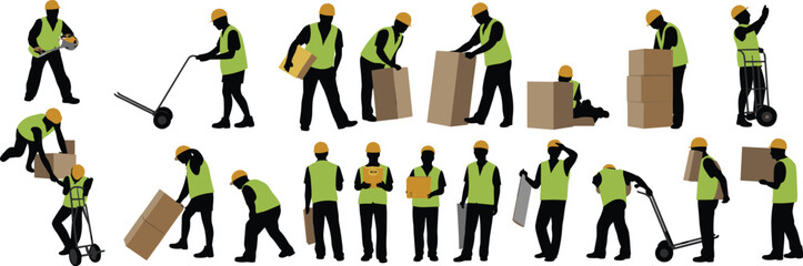 Silhouette workers, safety helmet, high visibility vest, manual handling, lifting boxes, warehouse labor, pallet jack, ergonomics, industrial training, posture guide