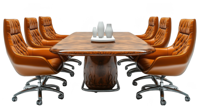 A polished wooden conference table with eight executive leather chairs arranged around it, isolated on transparent background
