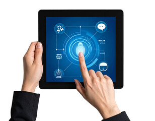Person using a tablet with fingerprint scanner and futuristic interface
