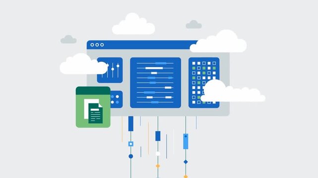Cloud computing animation representing data transfer, storage, and online synchronization