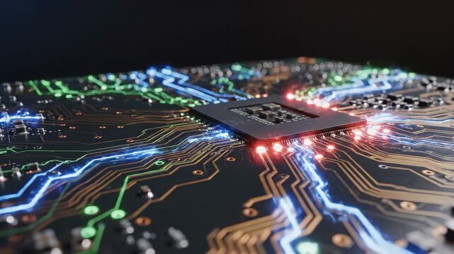 Illuminated Circuit Board Close-up - A close-up shot of a circuit board with a central processor and glowing traces. The board features green, blue, and red illumination emphasizing the flow of data.