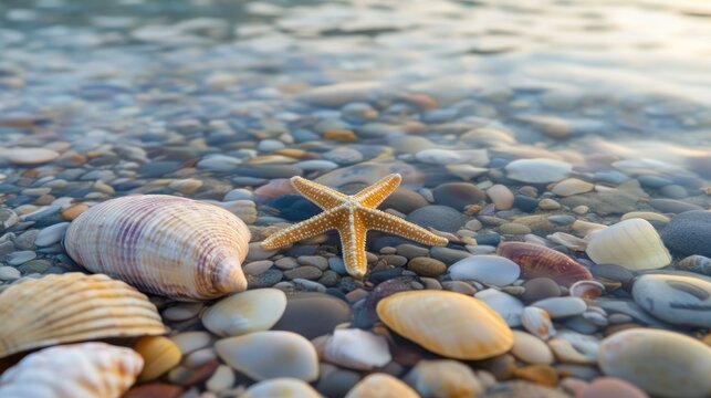 A starfish and shells rest on a pebble beach, with gentle waves lapping over them