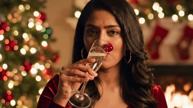 A stylish woman in a luxurious red velvet garment sips from an elegant champagne flute, garnished with two festive cherries, against a beautifully decorated, warm holiday backdrop. The soft glow of tw
