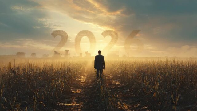 Silhouette of a person in a field at sunrise with 2026 in the background