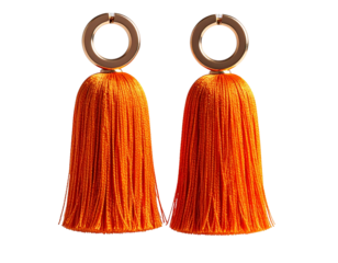 Bright Orange Tassel Earrings with Round Tops on White Background